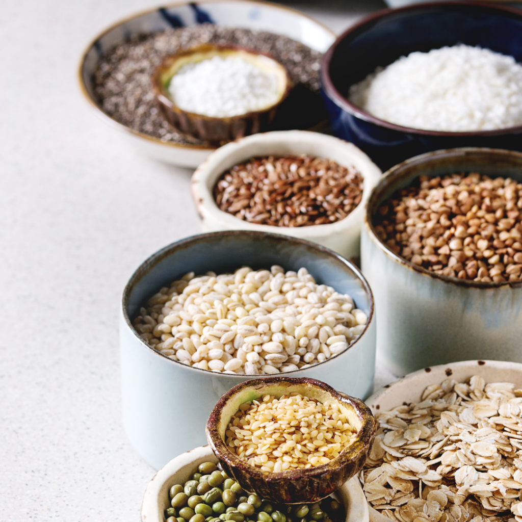 Bowls of various rices, grains, and legumes.