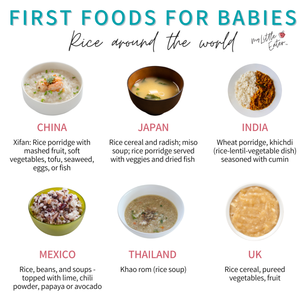 Various meals that different cultures around the world cook in order to offer baby rice first when weaning.