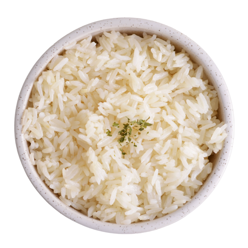 A bowl of white rice.