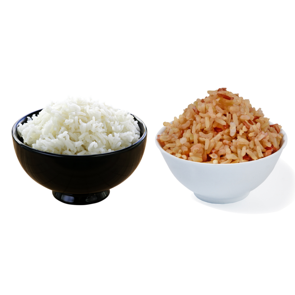 A bowl of white rice beside a bowl of brown rice.