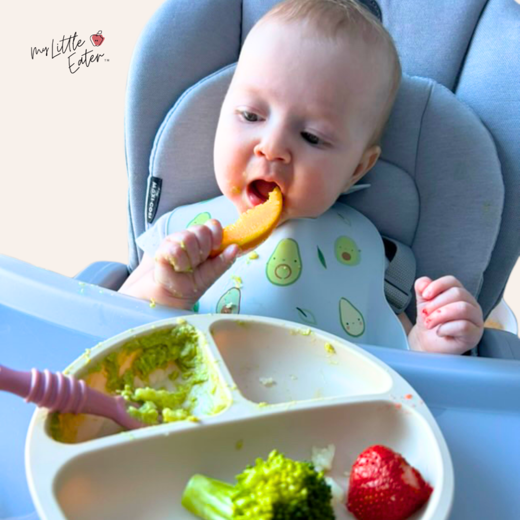 A 6 month old baby in a high chair bringing an orange wedge to their mouth.