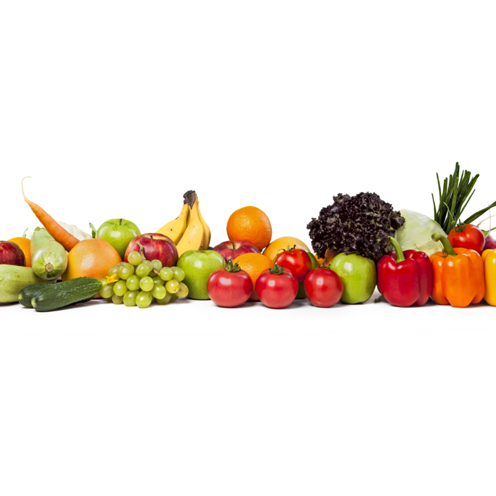 Examples of perishable food including various raw vegetables and fruit.