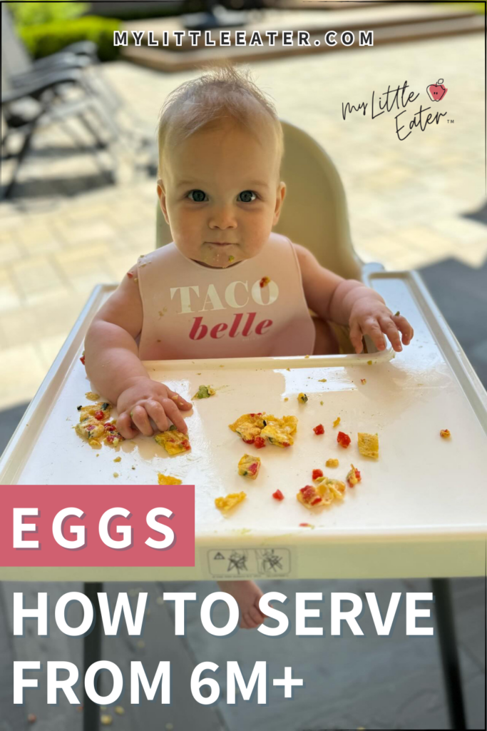 How to make eggs for baby from 6 months and up; a baby sits in their high chair eating scrambled eggs.