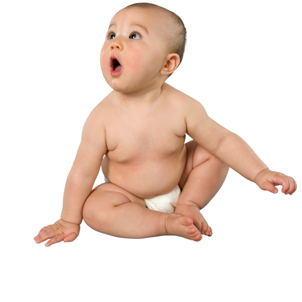 A baby looking up, the child's body dressed only in a diaper.