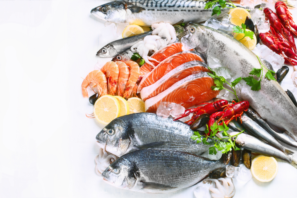 Various fish displayed on a counter.