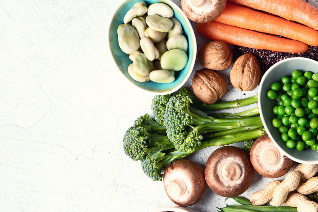 Various vegetables, legumes, and nuts for plant-based meals.