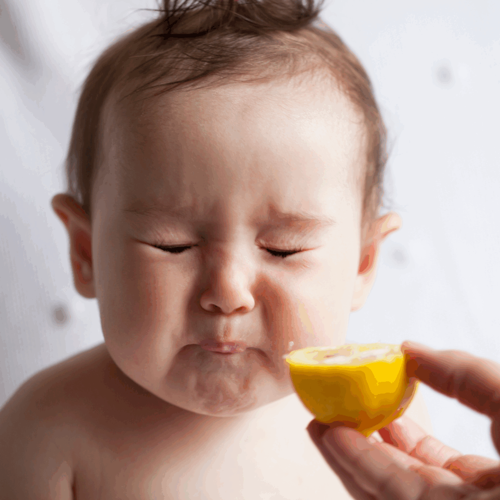 Parent holding half a lemon in front of baby to introduce sour flavours while baby makes a sour face with eyes closed tightly.