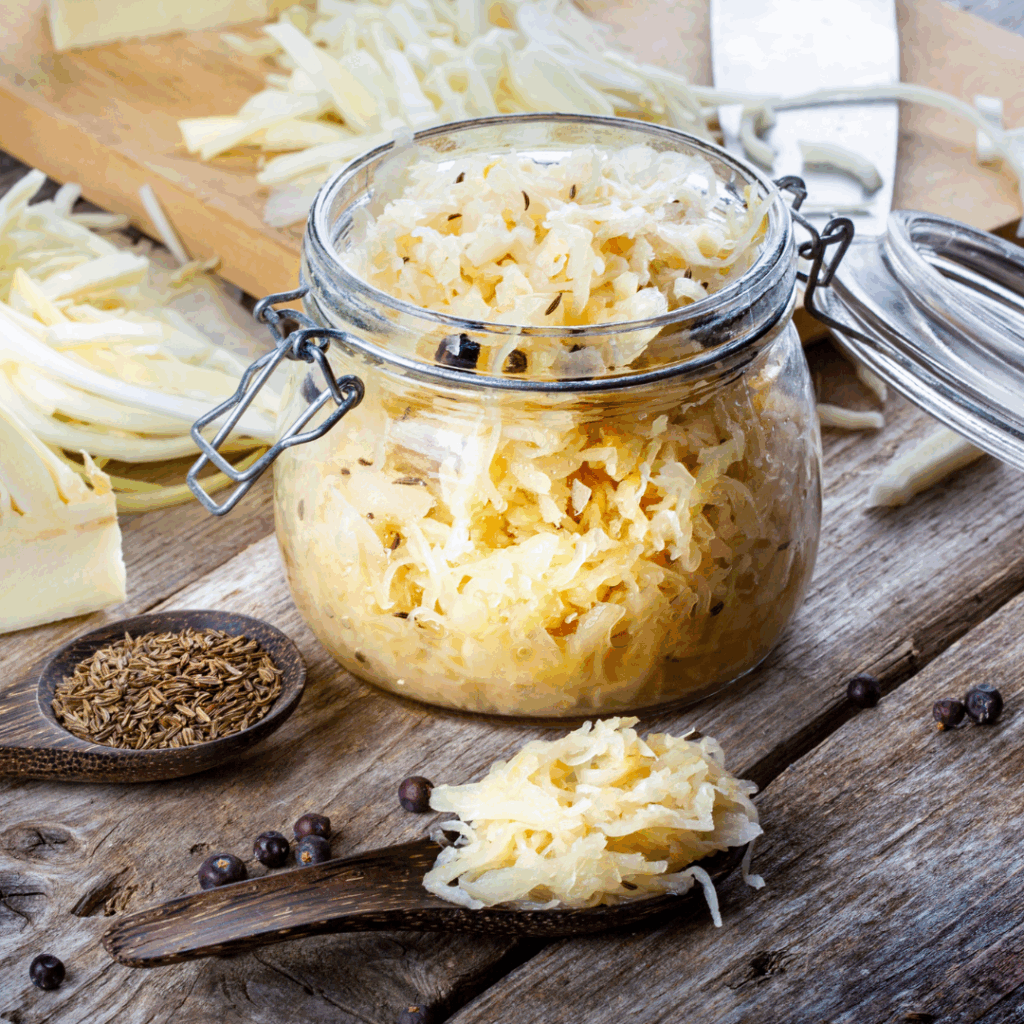 Shredded cabbage after undergoing the fermentation process to create sauerkraut, stored in the sauerkraut brine in a jar.