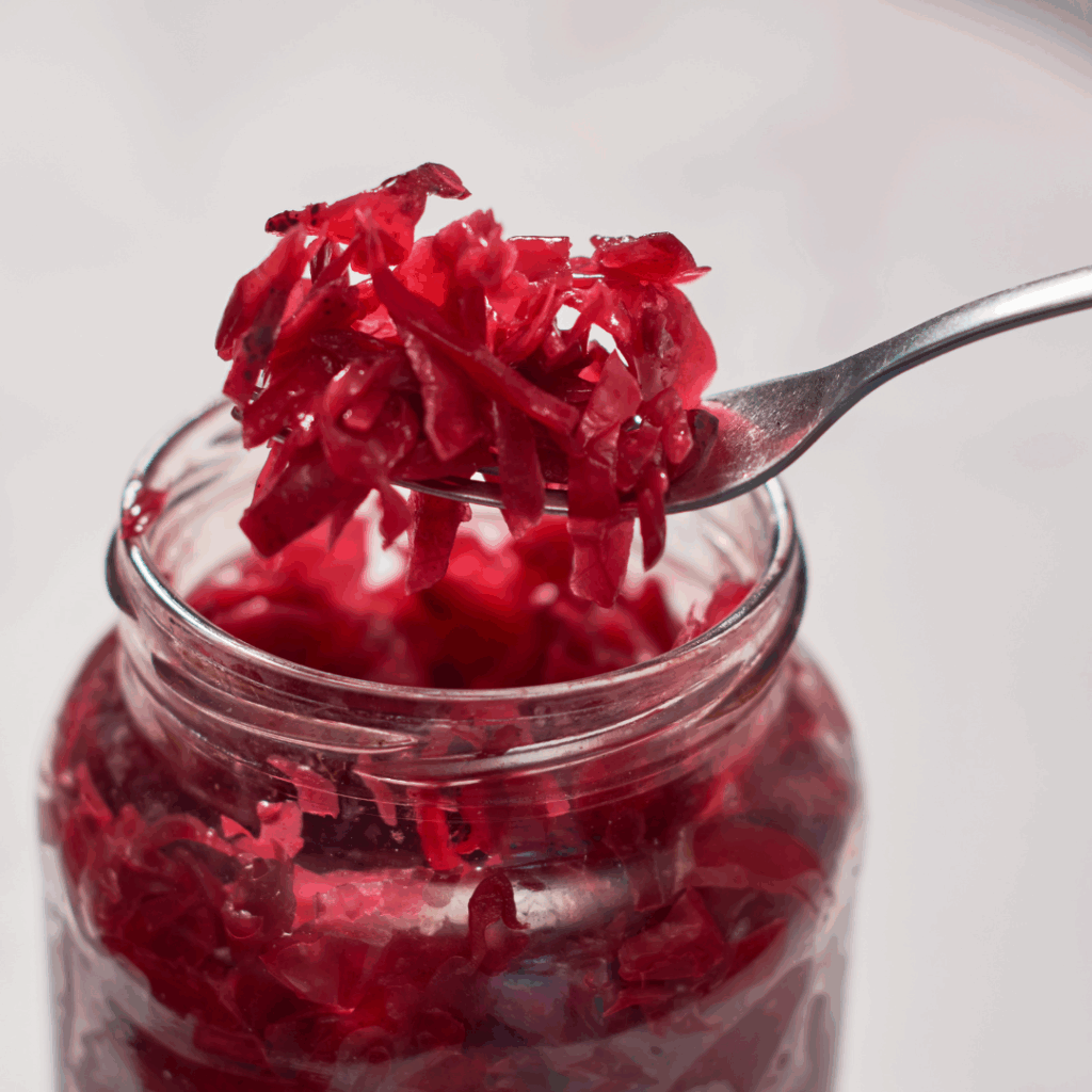 Just a spoonful of red cabbage made into fermented food and stored in a jar.