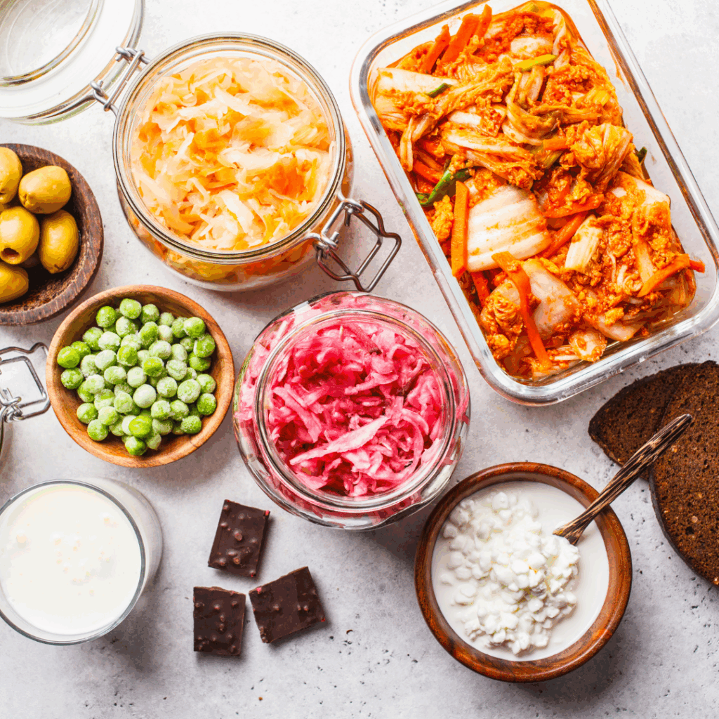 Various fermented foods incluing fermented vegetables containing good bacteria for babies.