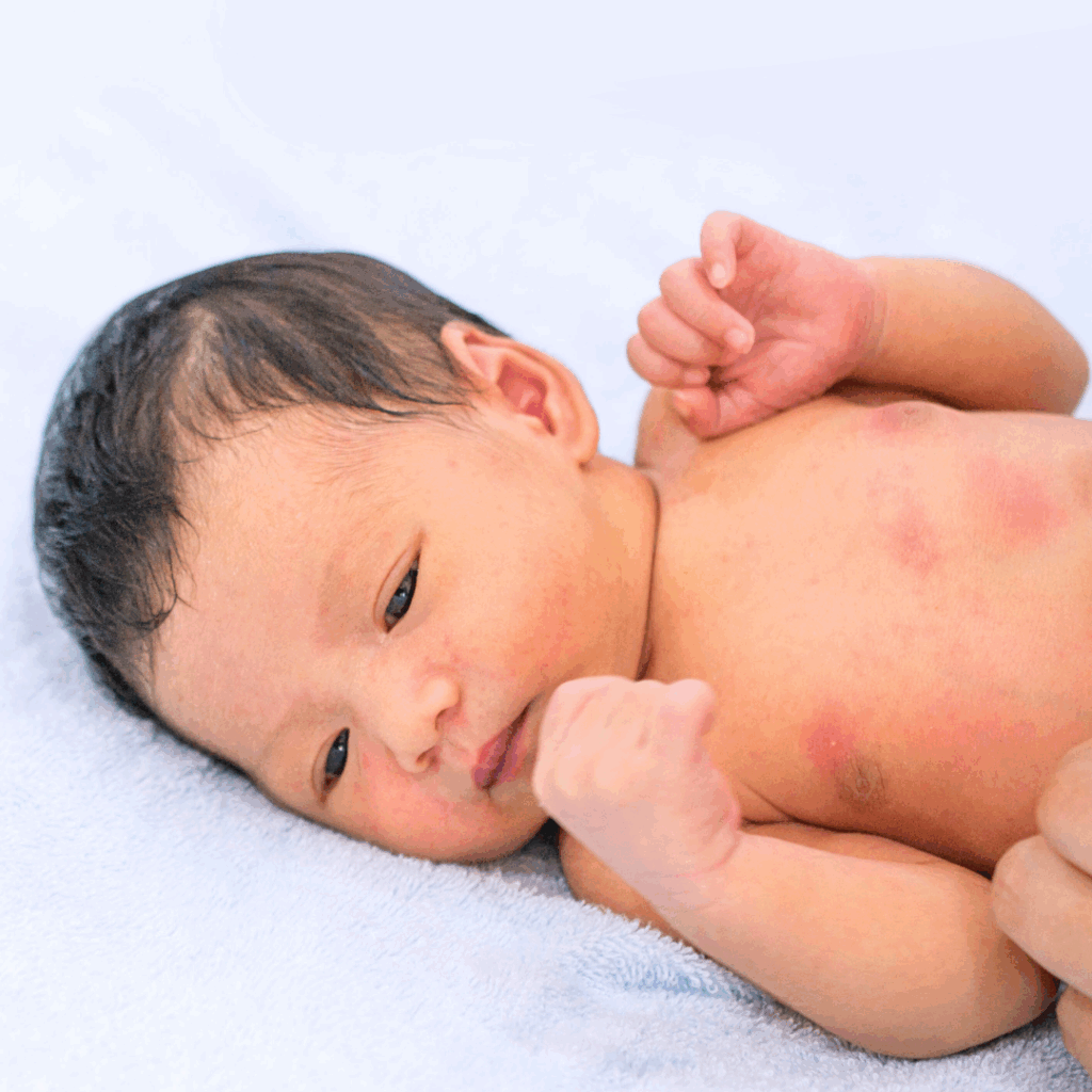 A baby has red hives on their torso from an allergic reaction to food