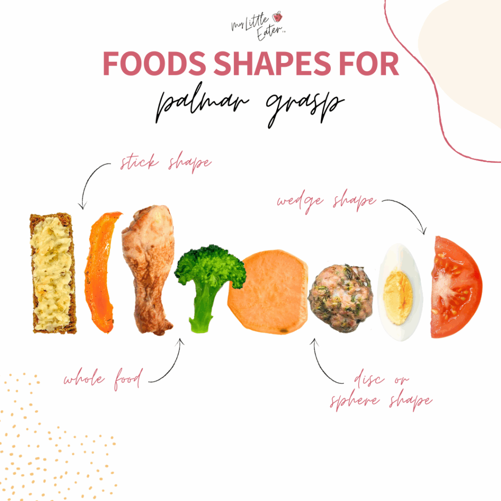 Food shapes for palmar grasp for babies, including toast, peppers, broccoli, and sweet potatoes.