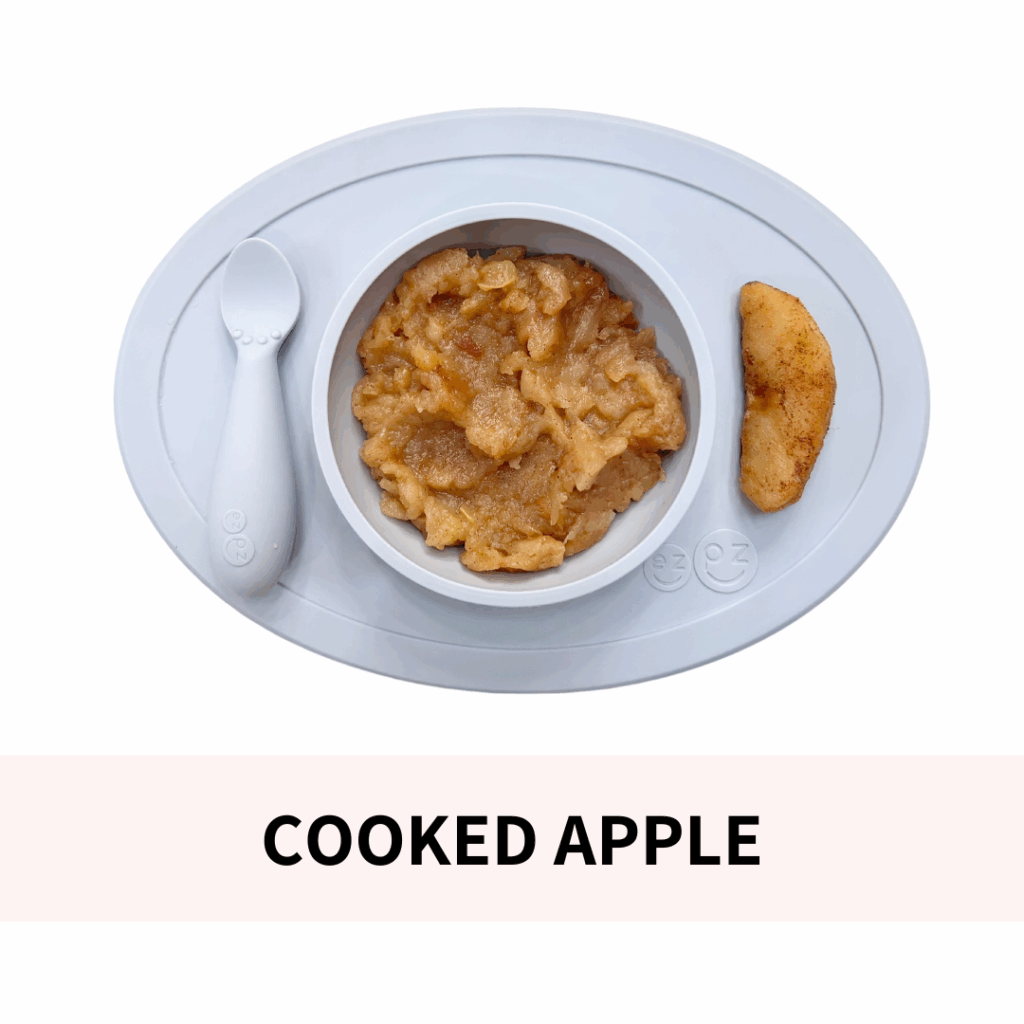 Cooked apple wedges and mashed apple for baby led weaning or spoon feeding infants