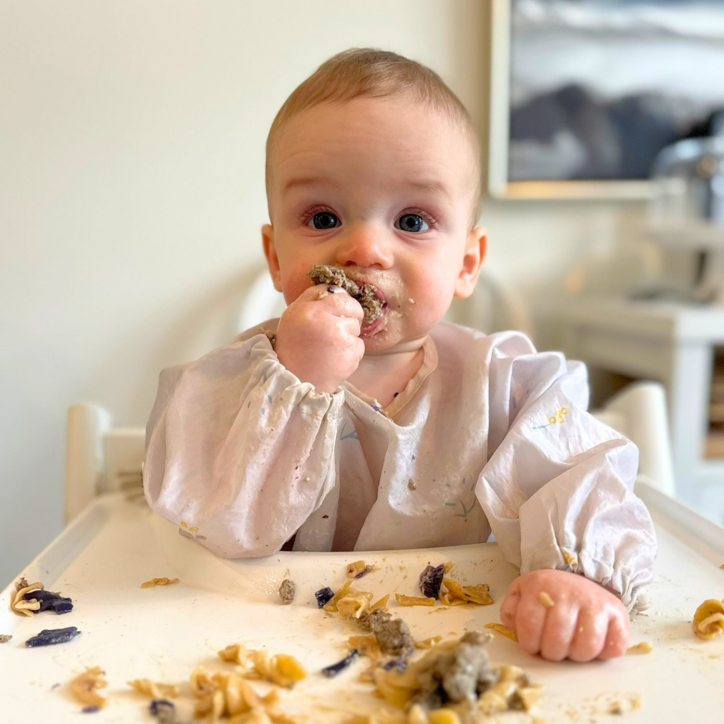 8-month old practicing baby led weaning with a strip of ground beef.