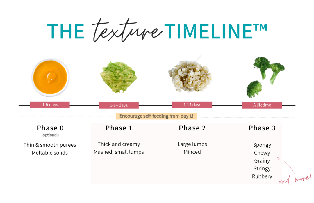 Overview of My Little Eater's signature Texture Timeline tool outline the gradual progression from thin smooth purees to advanced textures like spongy, chewy, grainy, stringy, rubbery, etc.