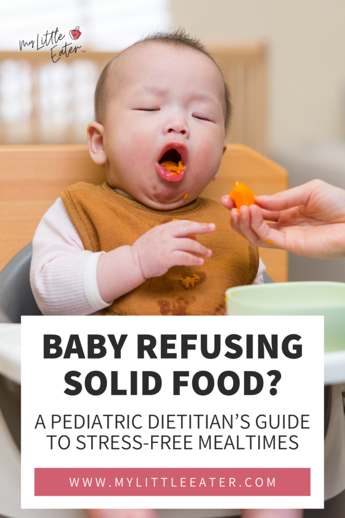Baby refusing solids? a pediatric dietitian's guide to stress-free mealtimes; baby with mouth open and eyes closed, gagging on sweet potato