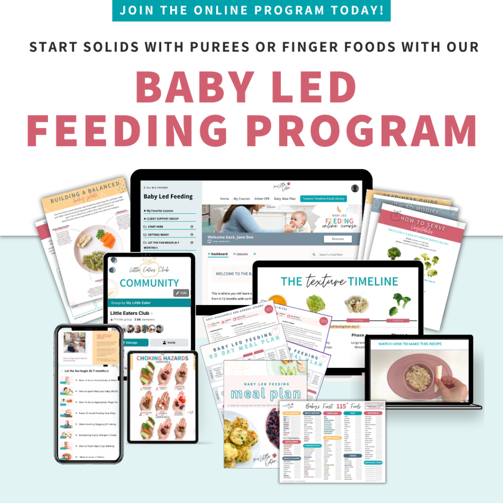 Start solids with purees or finger goods with My Little Eater's comprehensive baby led feeding program.